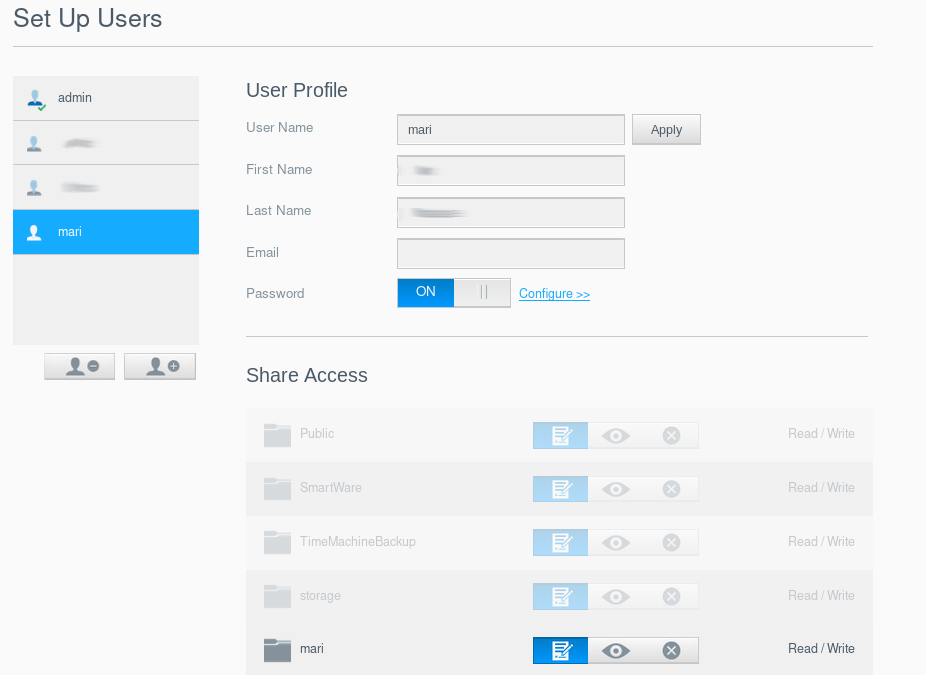 NAS User config page screenshot